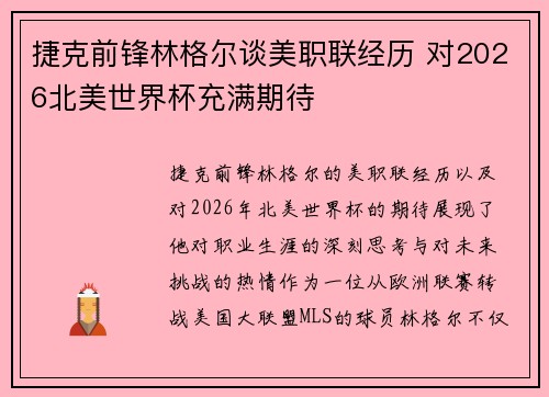 捷克前锋林格尔谈美职联经历 对2026北美世界杯充满期待 捷克前锋林格尔谈美职联经历 对2026北美世界杯充满期待